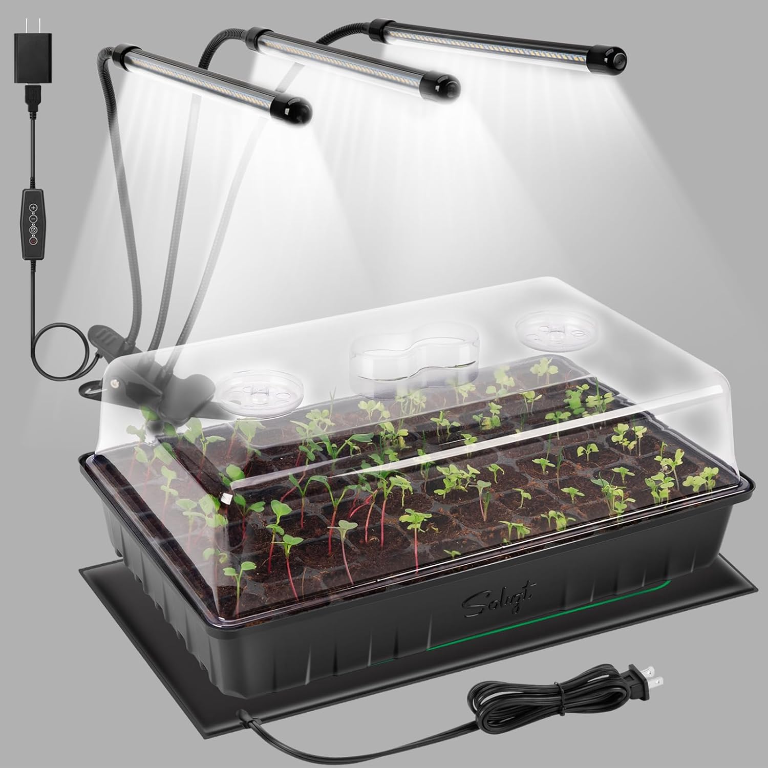 Soligt 60 Cell Seed Starter Kit With Grow Light and Heat Mat, Seed Starter Tray With Higher 4.3&rdquo; Humidity Dome, Flexible Light Positioning for Seed Starting &amp; Seedling Growth