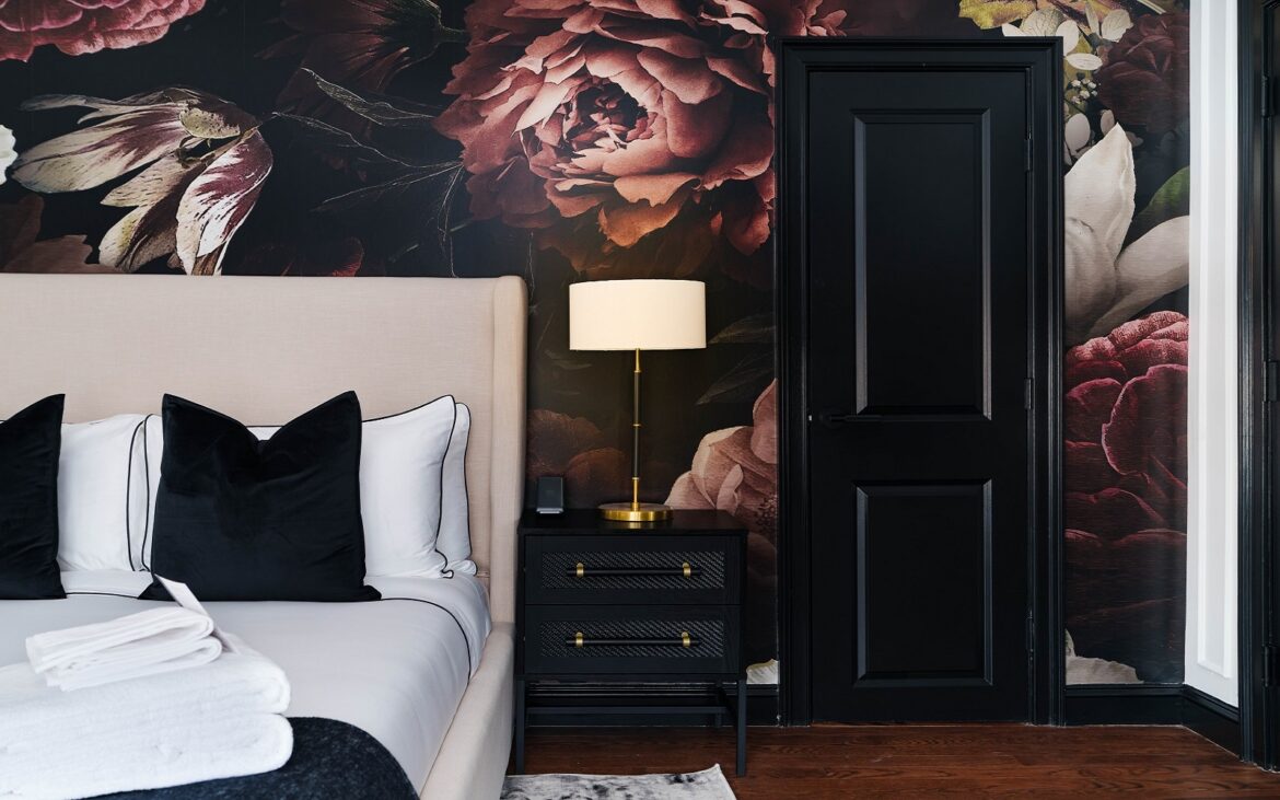 Garden Gables – a historic Berkshires property reimagined • Hotel Designs dark oversized floral wallpaper in Garden-Gables_Guest-Rooms_