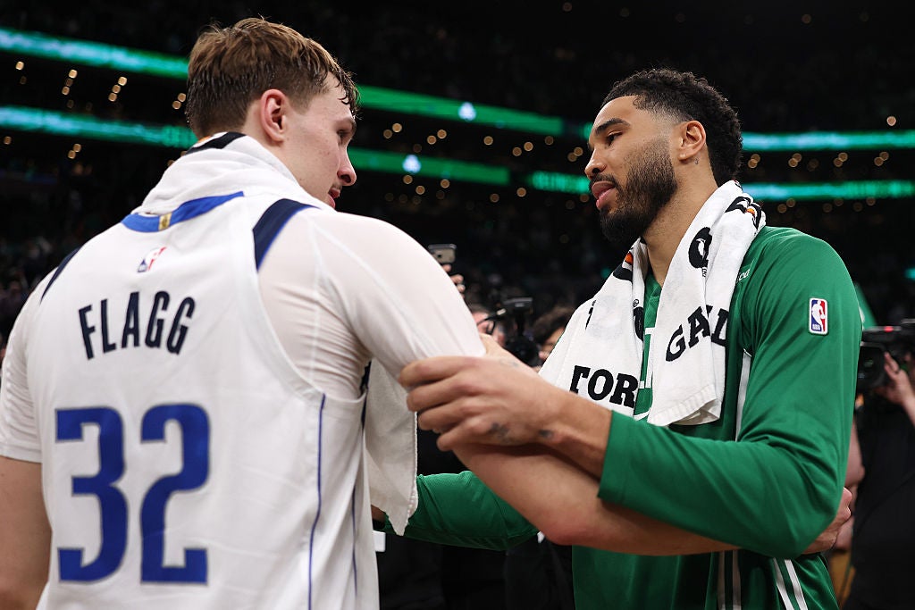 BOSTON, MASSACHUSETTS - MARCH 06: Jayson Tatum #0 of the Boston Celtics and Cooper Flagg #32 of the Dallas Mavericks shake hands after the Celtics defeat the Mavericks 120-100 at TD Garden on March 06, 2026 in Boston, Massachusetts. NOTE TO USER: User expressly acknowledges and agrees that, by downloading and/or using this Photograph, user is consenting to the terms and conditions of the Getty Images License Agreement. (Photo by Maddie Meyer/Getty Images)