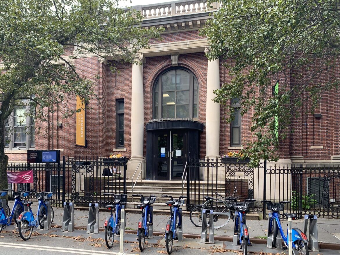 The Carroll Gardens Library at 396 Clinton St. closed in July 2023 for renovations, which are taking longer than expected. Photo: Mary Frost/Brooklyn Eagle