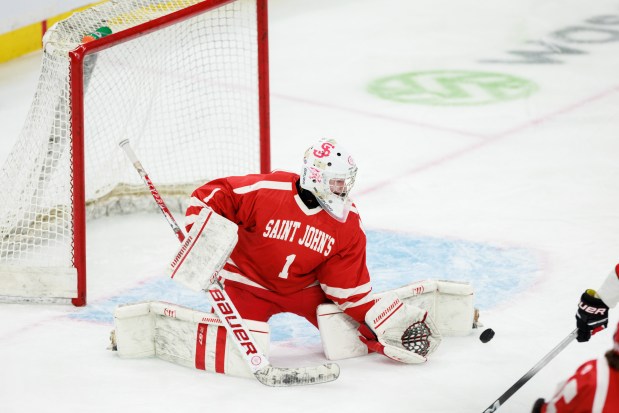 Saint John's goalie Colin McCarthy makes a save during the Division 1 boys hockey state title game at TD Garden against Pope Francis. (Jake Whiting/Boston Herald)
