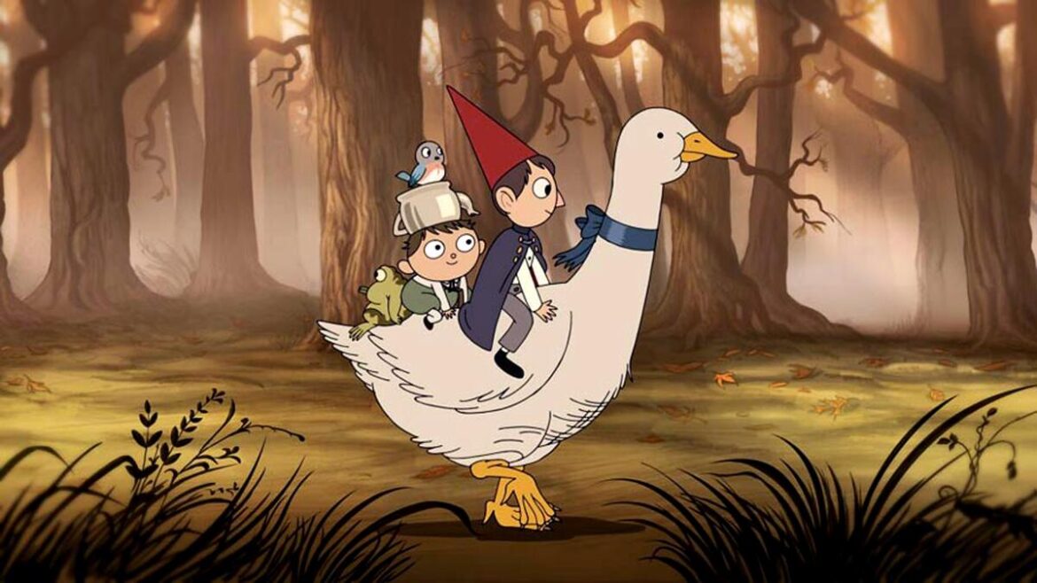 Two boys, a frog, and a bluebird ride a large white bird through a misty autumn forest with bare trees and fallen leaves.