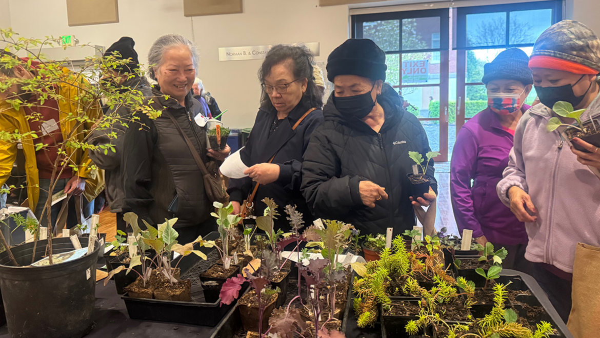 Kick Off the Garden Season at the P-Patch Earth Day Resource Fair A group of five people looking at plant starts set out on a table