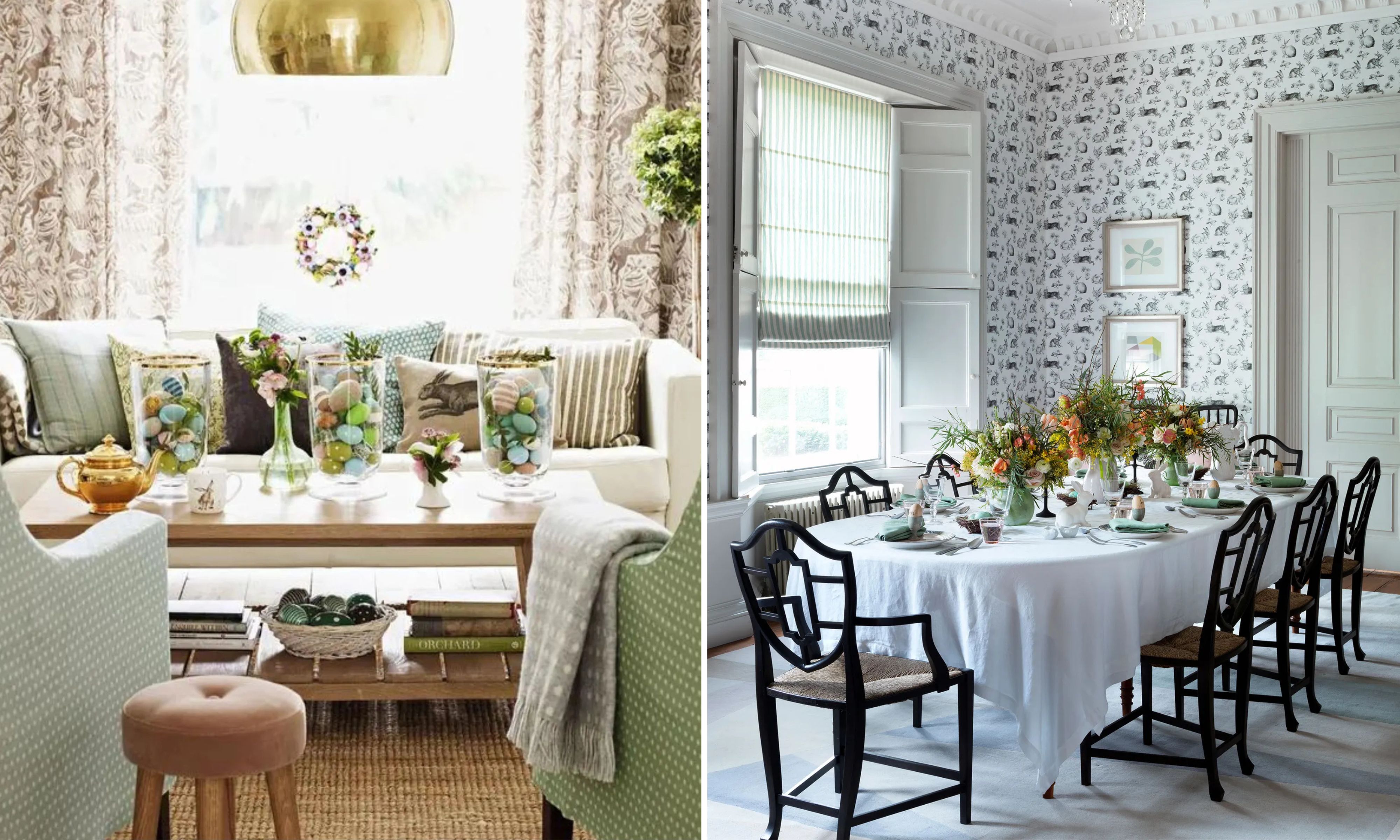 Two side-by-side interior design photos showcase a sophisticated, Easter-themed home decor with a focus on traditional patterns and pastel accents. The left image features a cozy living room where a wooden coffee table holds three large glass canisters filled with colorful Easter eggs, surrounded by floral arrangements and a gold teapot against a backdrop of patterned cushions and animal-print curtains. The right image shows a formal dining room with rabbit-motif toile wallpaper, a long table elegantly set with white linens and orange floral centerpieces, and classic black Chinoiserie-style chairs, creating a cohesive and festive spring atmosphere.
