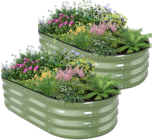 Birdsinyard Galvanized Raised Garden Bed - 4&times;2&times;1ft (2 Packs) Planter Raised Beds for Gardening | Oval Metal Garden Planter Box With Safety Edging and Gloves for Vegetables Fruits and Flower Olivegreen