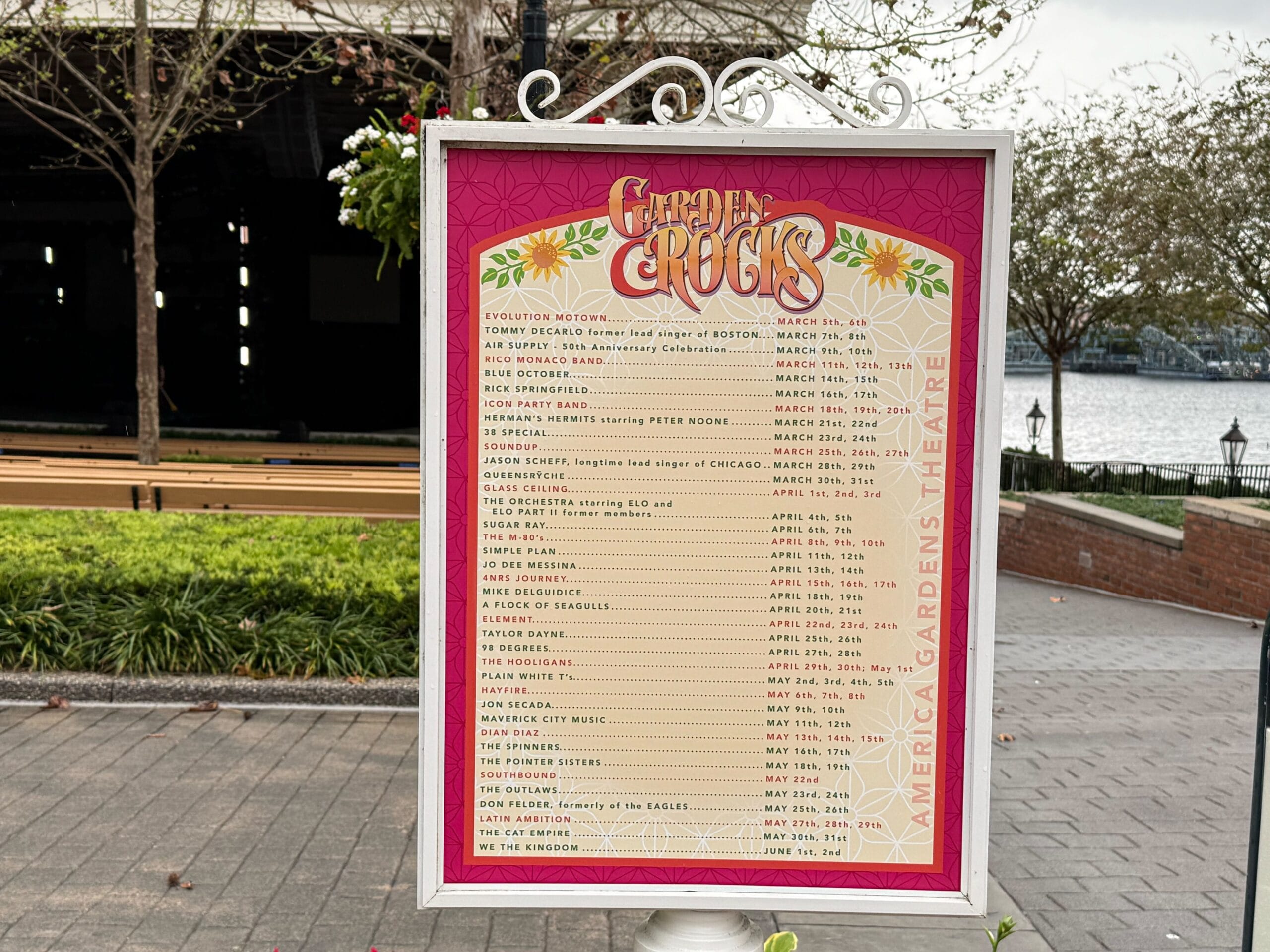 Sign listing concert dates and performers for 