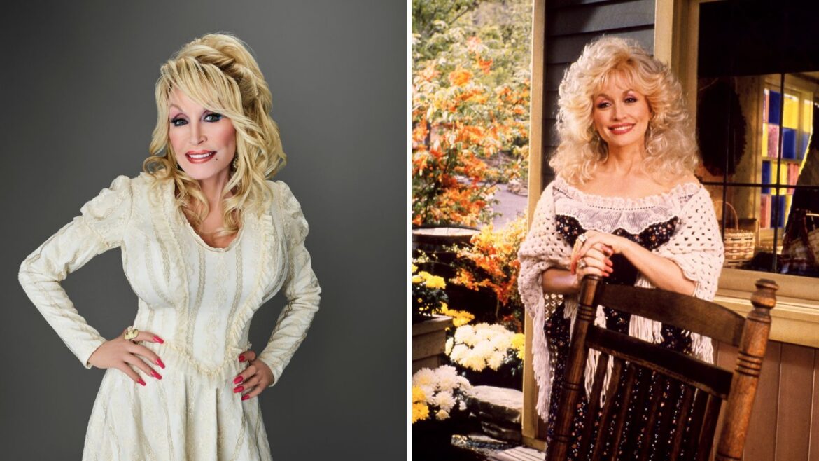 Dolly Parton now and in the Dollywood garden in 1995
