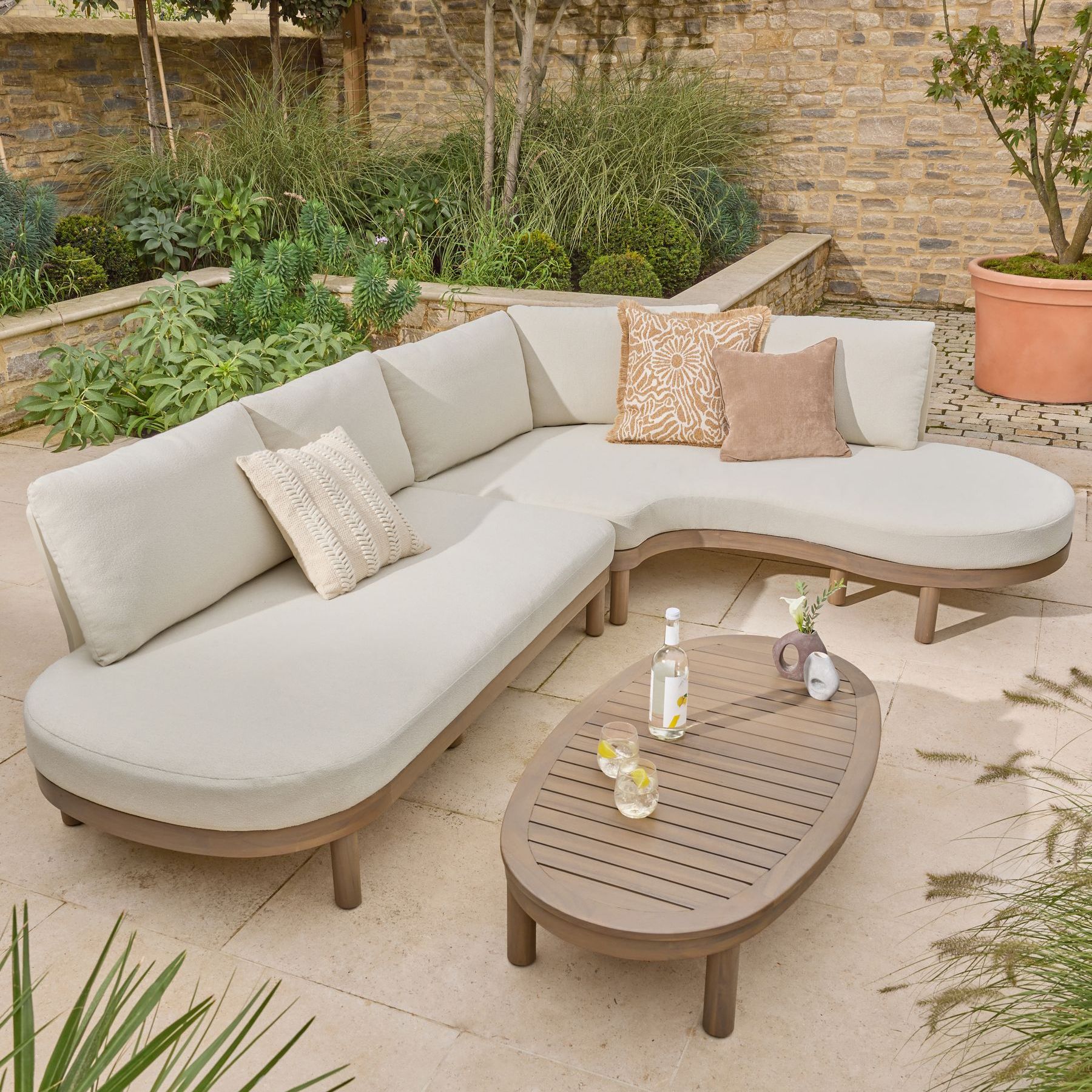 Natural Boucle Florence Curve Corner Sofa and Table Lounge Set