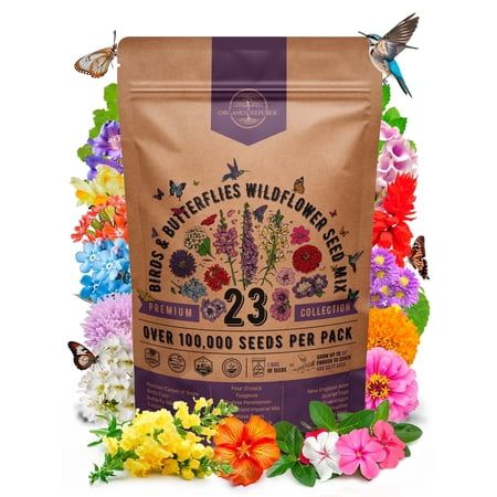 Organo Republic 23 Wildflower Seeds Annual &amp; Perennial Mix for Indoor &amp; Outdoors, Attract Birds &amp; Butterflies 100,000+ Non-Gmo, Heirloom Garden Seeds, 4oz Packet for Growing Wild Flowers