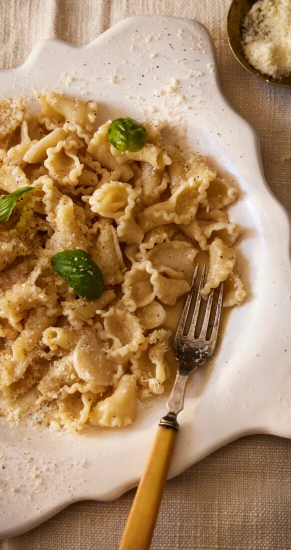 Buttered noodles in a dish
