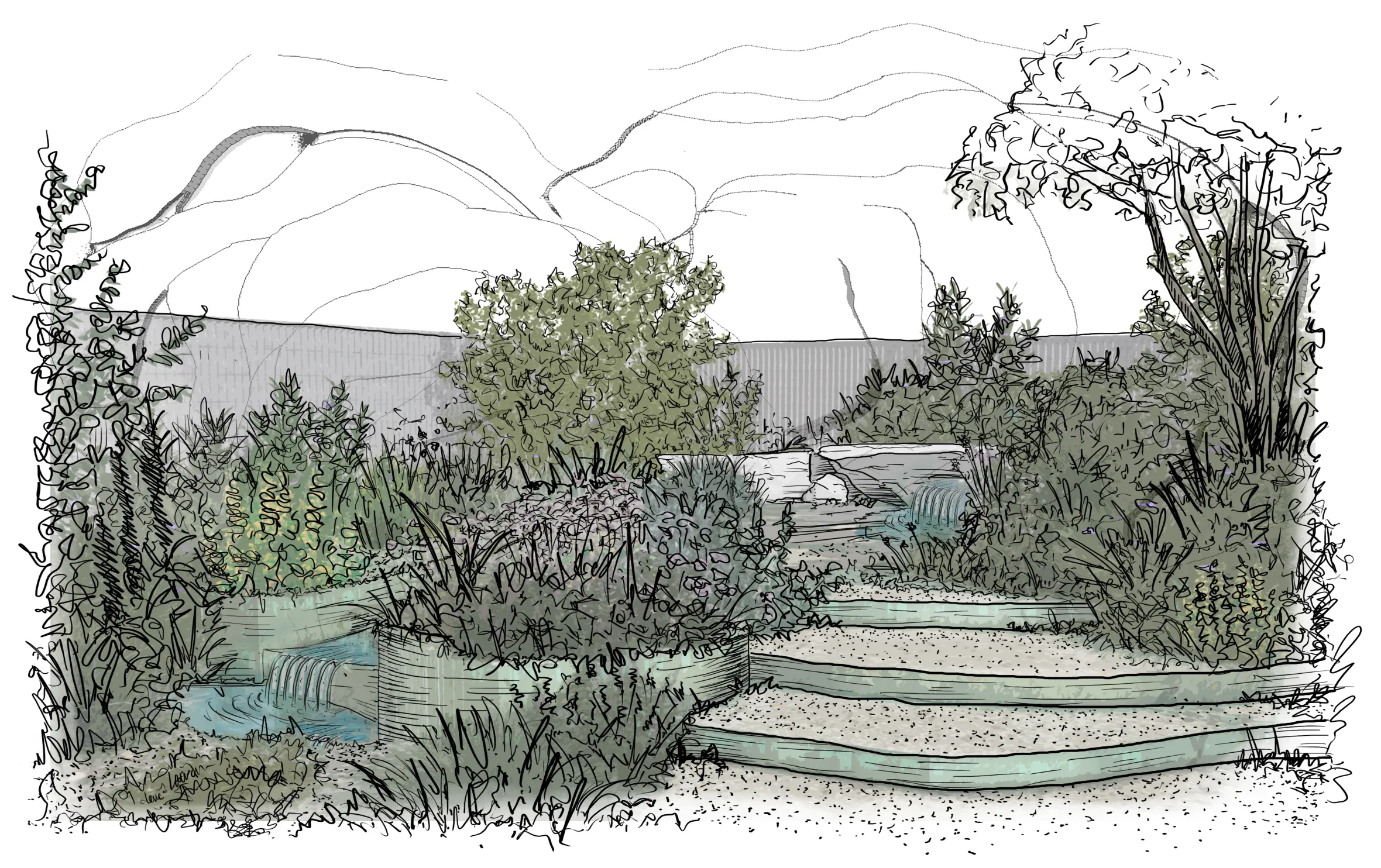 Illustration of a flourishing city garden with steps and a waterfall.
