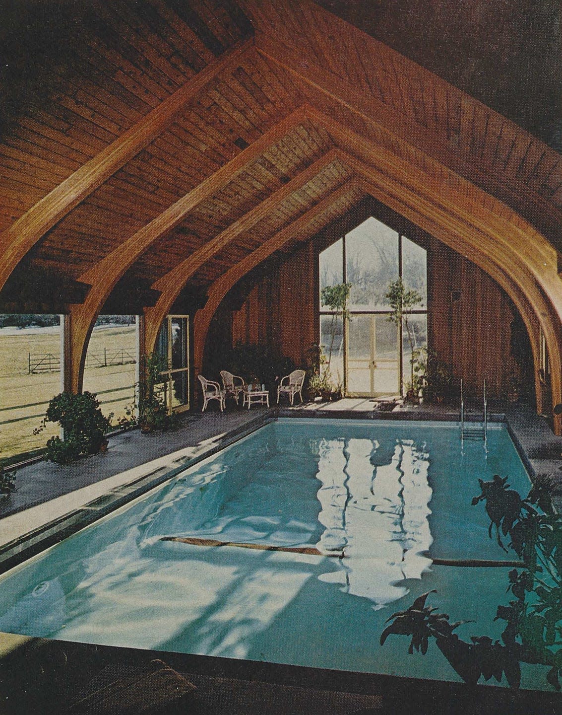 40 foot indoor pool with wood roof