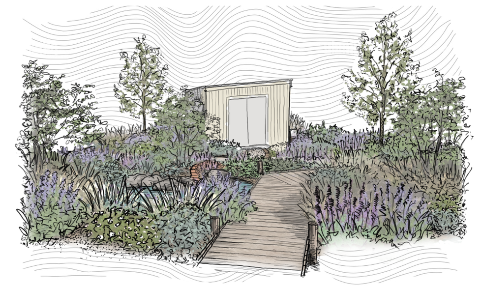 a landscaped garden with a pathway leading to a building
