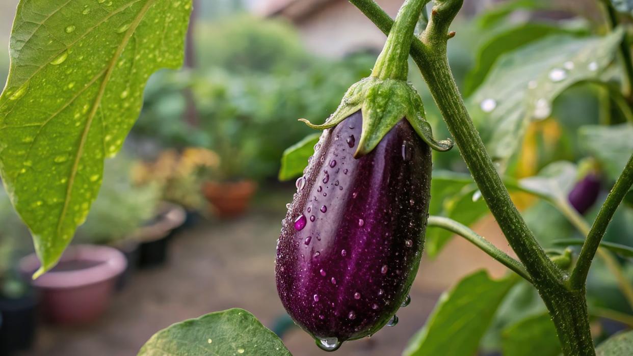 A vibrant eggplant hangs from its green plant, glistening with raindrops in a sunny garden.