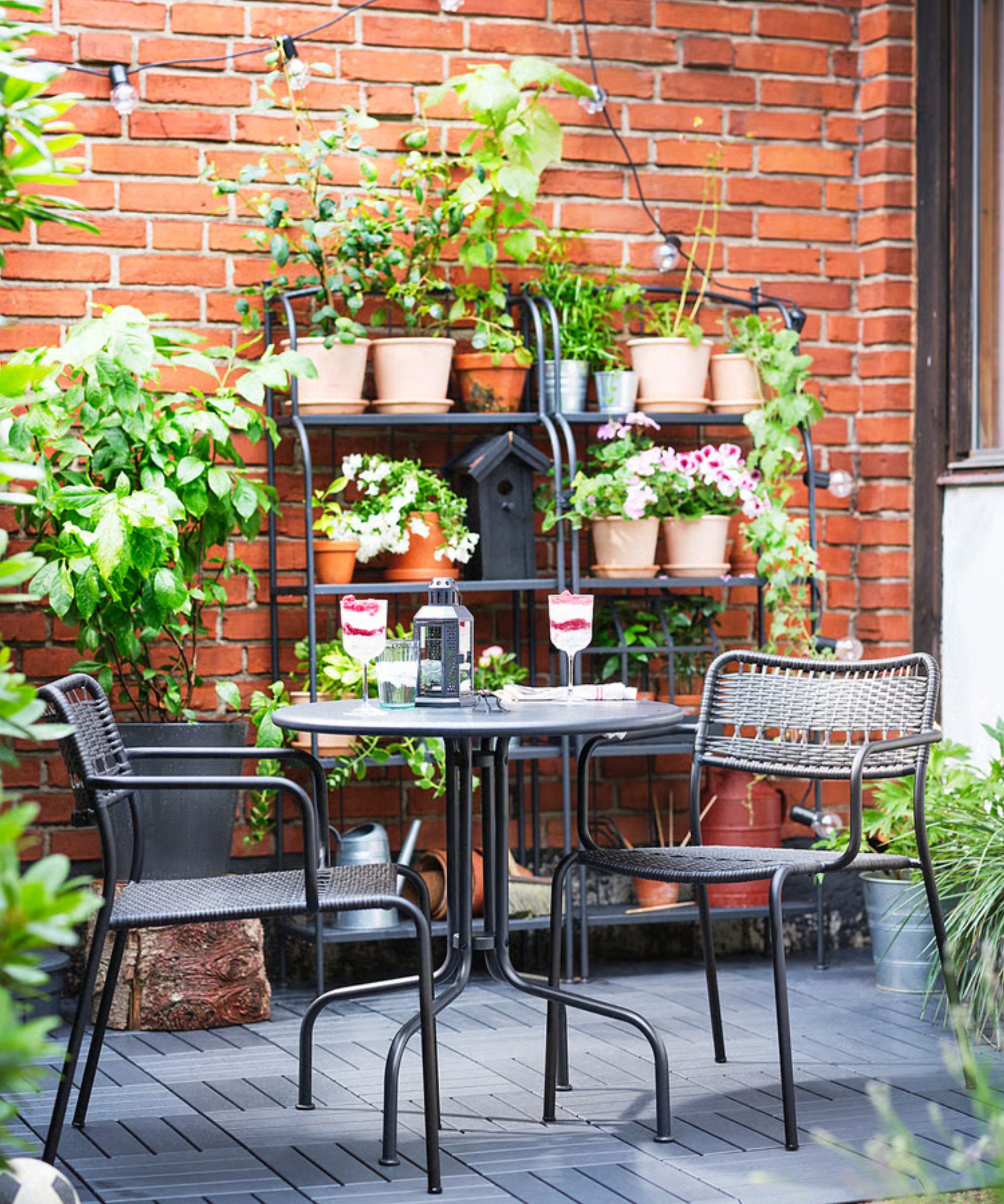 Patio garden with black metal furniture and tall shelf units