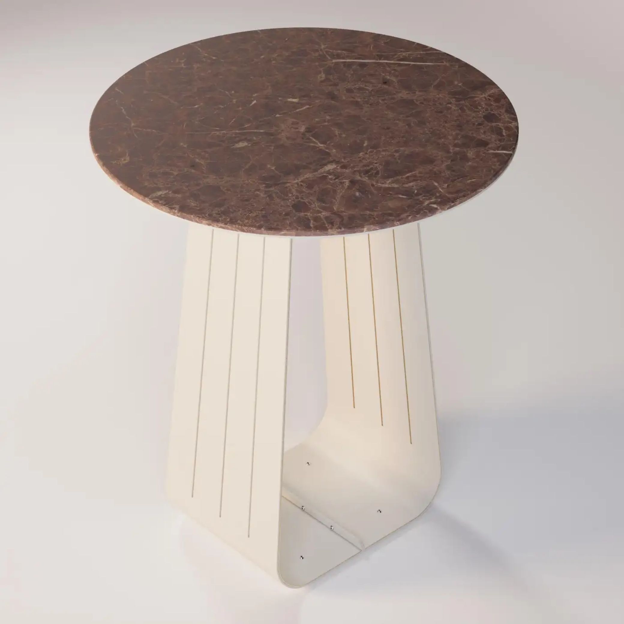A brown marble-top garden bar table with chrome, U-shaped base.