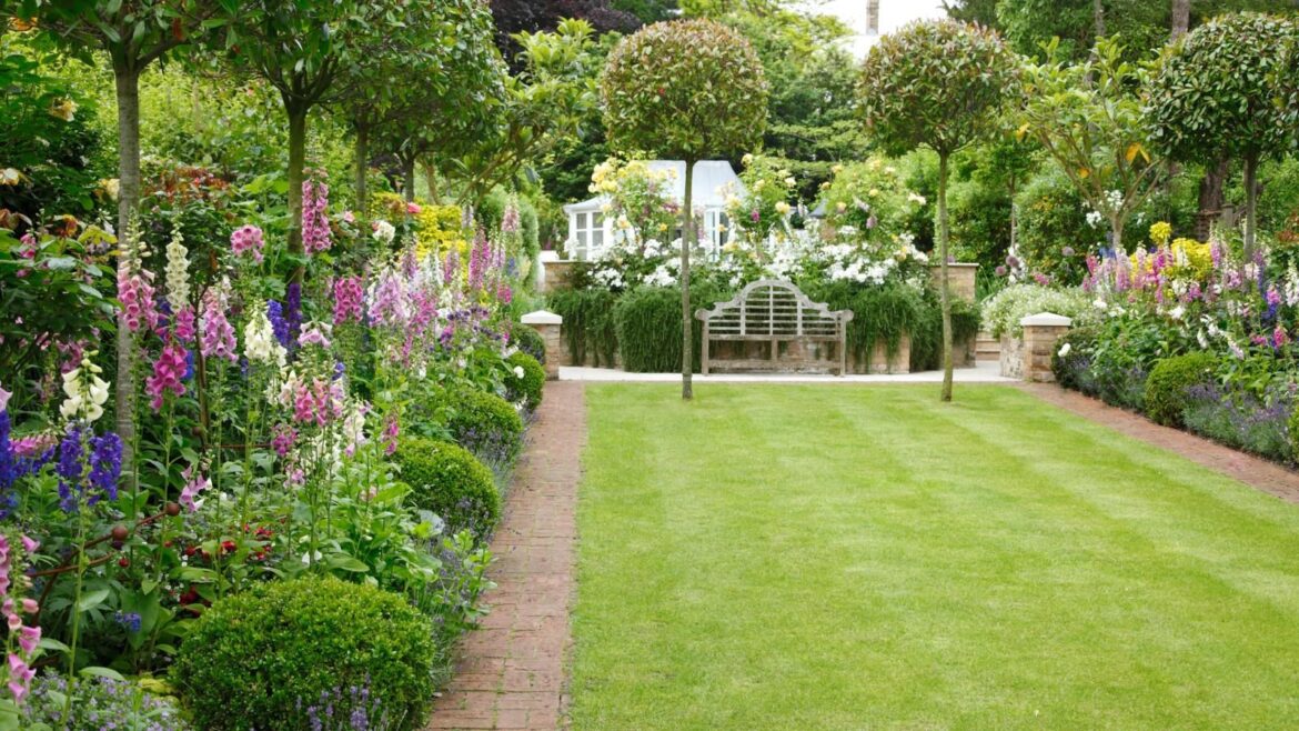 Lawn with flowering border to the left. Bench at the back