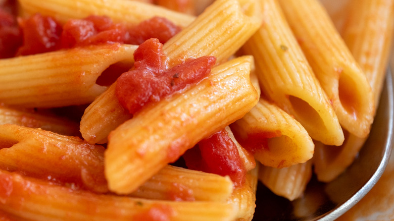 A close-up image of penne pasta topped with marinara sauce