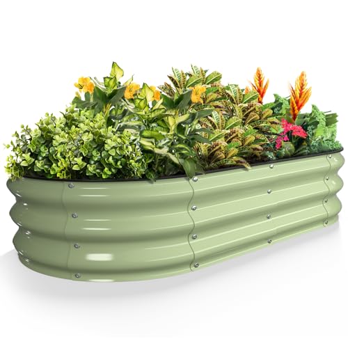 Kesfitt Raised Garden Bed, 4x2x1 Ft Galvanized Steel Metal Raised Garden Bed, Oval Open-Bottom Design, 12-Inch Deep for Outdoor Vegetable &amp; Herb Gardening, Fruit Green