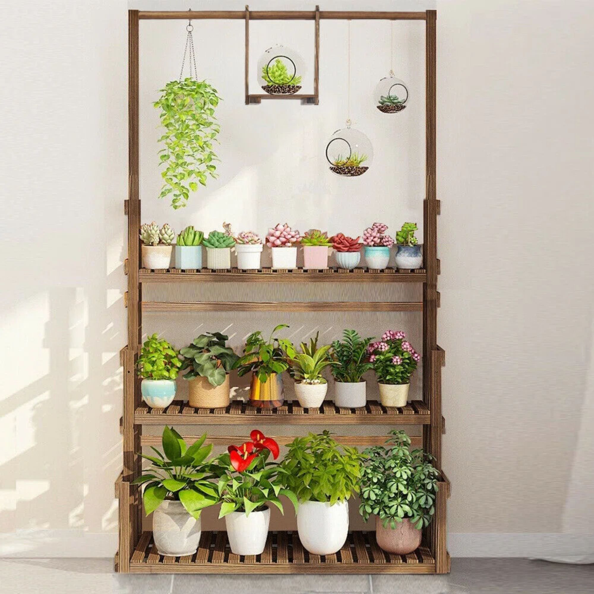 3-tier wood plant stand with hanging rail