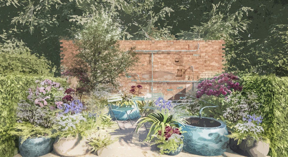 garden scene with various plants and a brick wall background