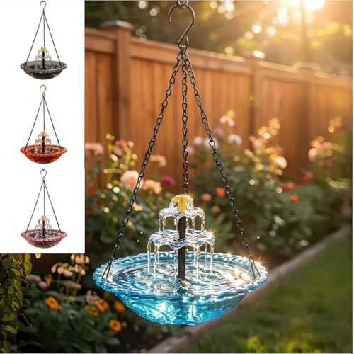 2026 Solar Cascade Hanging Bird Bath Fountain - 3 Layers Outdoor Water Feature for Hummingbirds, Easy-Clean 9.3" Glass Basin With Solar Powered Pump, Attract Wild Birds to Garden, Patio (blue)