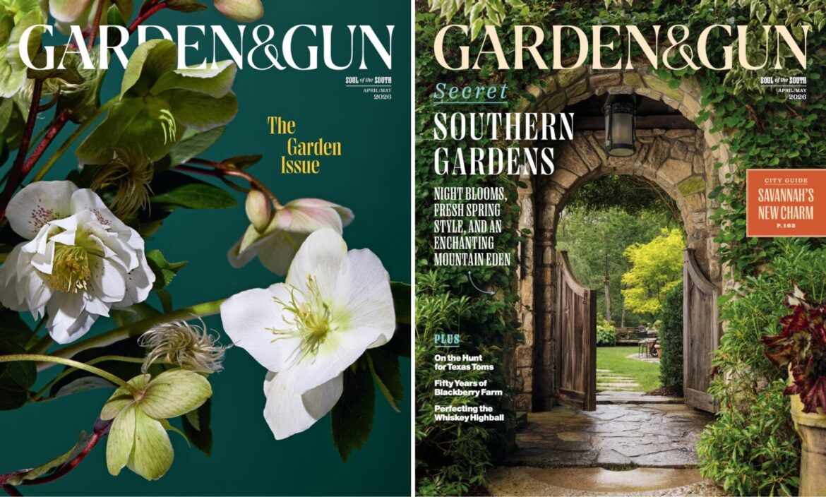 Spring Blooms in a Southern Garden – Garden & Gun Two magazine covers with flowers and a garden