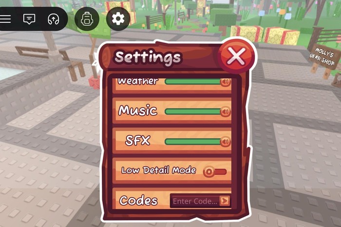 The Settings menu in Garden Horizons in Roblox showing the 'Codes' option with a text box alongside it.