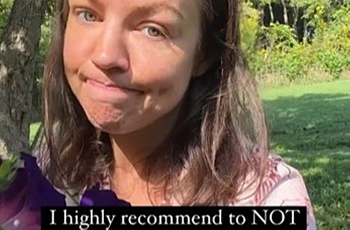 ‘I really regret planting these’ A woman with long hair makes a playful facial expression while suggesting not to do something.