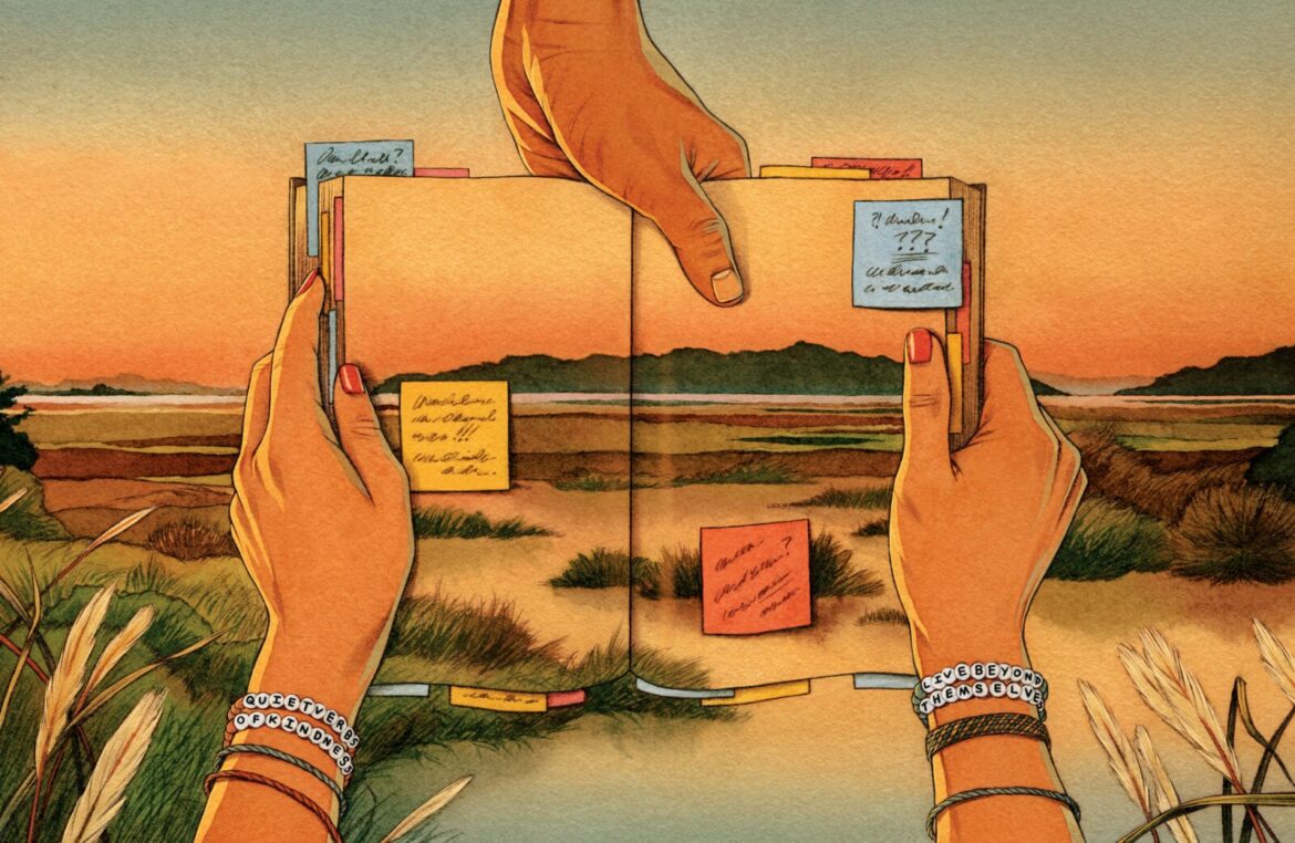 An illustration of two hands holding a book with a photo of a marsh