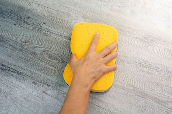 Hand on cleaning sponge on the floor
