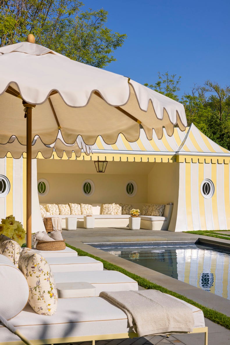 bailey mccarthy's 19th century home in martha’s vineyard designed by amber lewis. cabana area. 