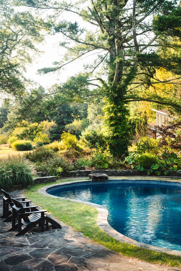 woodstock\, new york farmhouse designed by melissa anderson of oad interiors. backyard. pool.