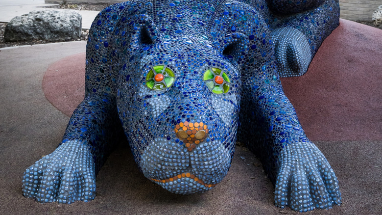Blue tiled panther sculpture at Yanaguana Garden in San Antonio
