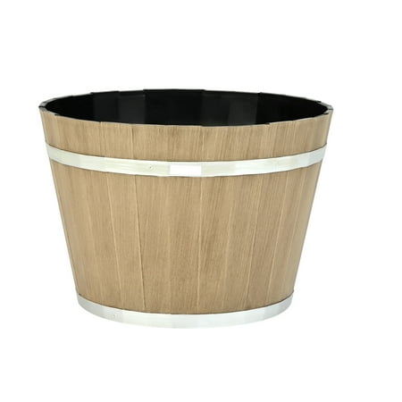 Kffkff Set of 4 Large 11.81-Inch Whiskey Barrel-Style Planters With Drainage Holes, Durable Plastic Flower Pots for Indoor and Outdoor Use, Rustic Brown Design for Gardens, Homes, and Plants