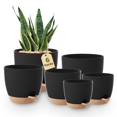 Bamworld Self Watering Plant Pots Indoor Set of 6, Plastic Flower Pots 12.7/14/15.2/16.5/17.8/20.3 Cm With Saucers and Drainage Holes for Outdoor Windowsill Garden Decor（black）