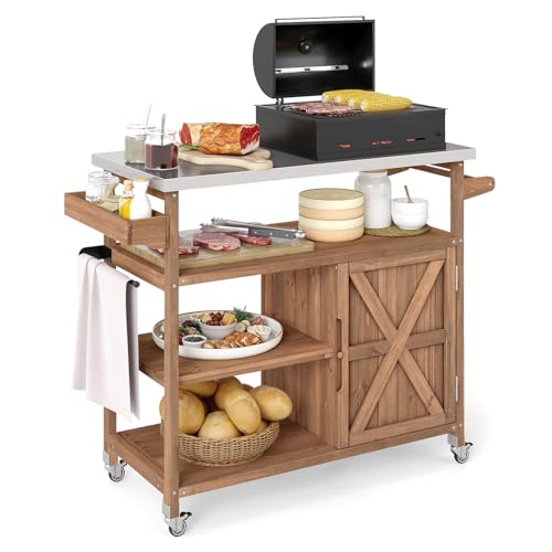 Costway Outdoor Grill Cart, Bbq Movable Food Prep Pizza Oven Table With Storage Cabinet, Spice Rack, Shelves &amp; Stainless Steel Top, Metal Portable Kitchen Island on Wheels (natural, 118 X 47 X 92cm)
