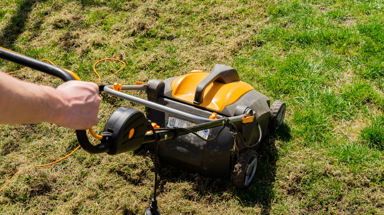Person pushing electric grass aerator