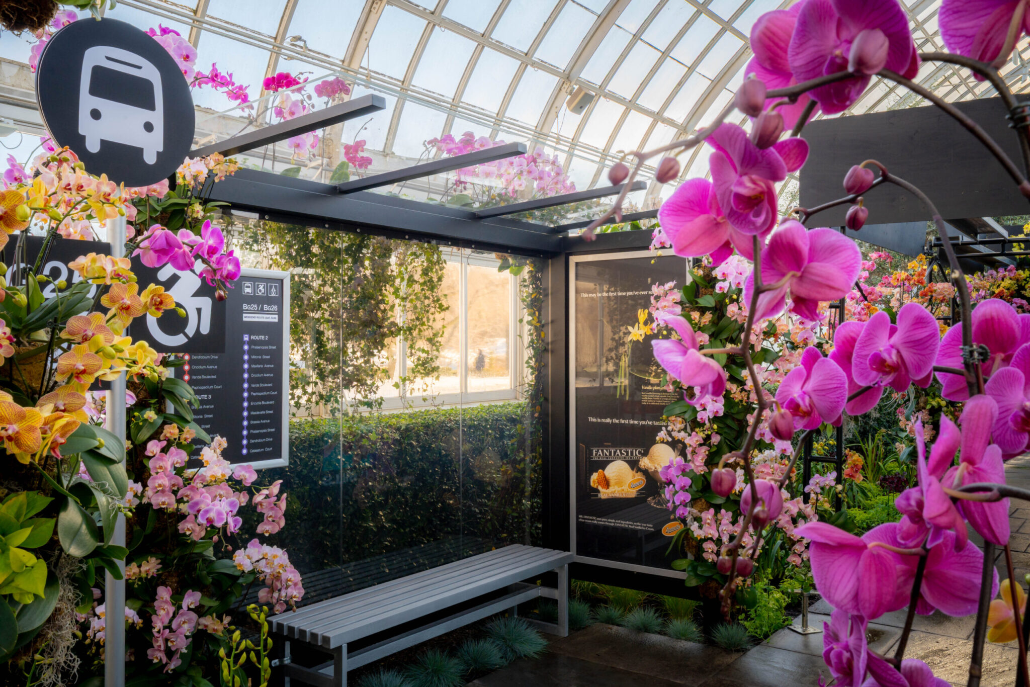 Bus stop featured in “The Orchid Show: Mr. Flower Fantastic’s Concrete Jungle,” on view at NYBG in the Bronx.