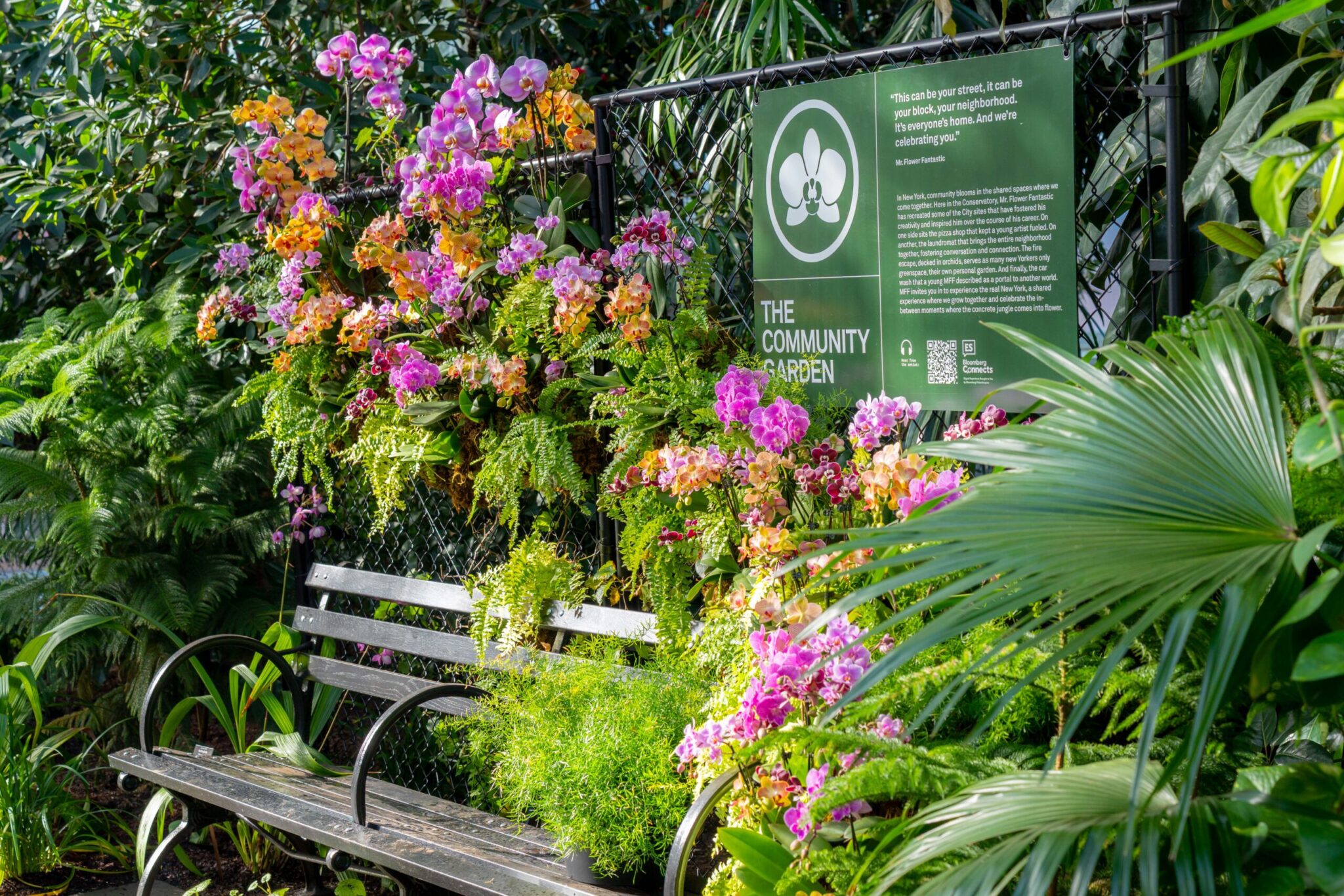 Garden bench featured in “The Orchid Show: Mr. Flower Fantastic’s Concrete Jungle,” on view at NYBG in the Bronx.