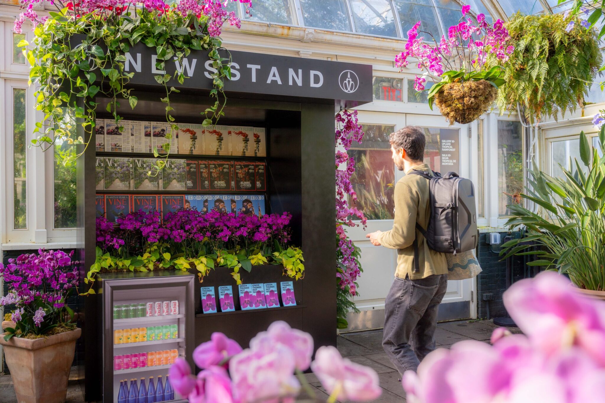 Newsstand featured in “The Orchid Show: Mr. Flower Fantastic’s Concrete Jungle,” on view at NYBG in the Bronx.