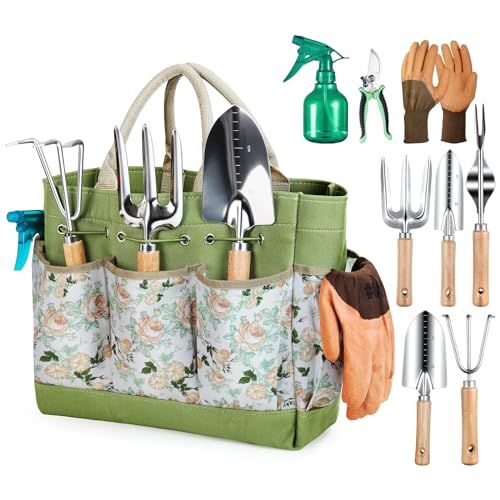 Gardening Tools 9-Piece Heavy Duty Garden Hand Tools With Fashion and Durable Garden Tools Organizer Handbag, Rust-Proof Garden Tool Set, Ideal Gardening Gifts for Women