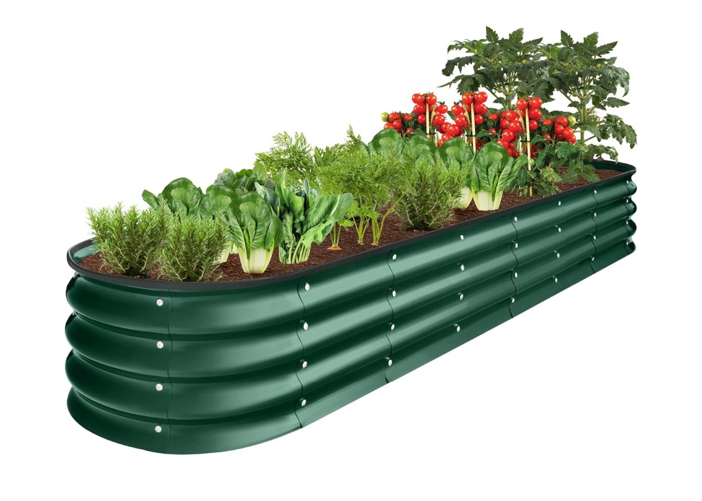 Illustration of a green, corrugated raised garden bed filled with soil and various plants, including tomatoes, bok choy, carrots, and rosemary.
