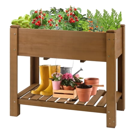 33" Elevated Planter Box With Storage Shelf, Solid Wood Raised Garden Bed With Reinforced Brackets, Liner & Drainage Holes for Vegetables & Herbs, Easy Assembly