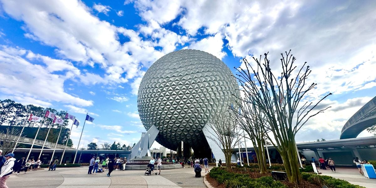 Spaceship Earth in Disney World's EPCOT park on a sunny day