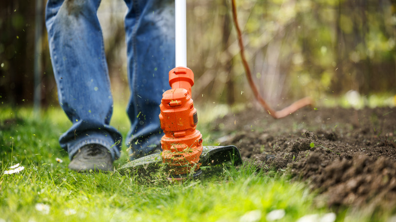 Person cutting tall grass with electric string trimmer