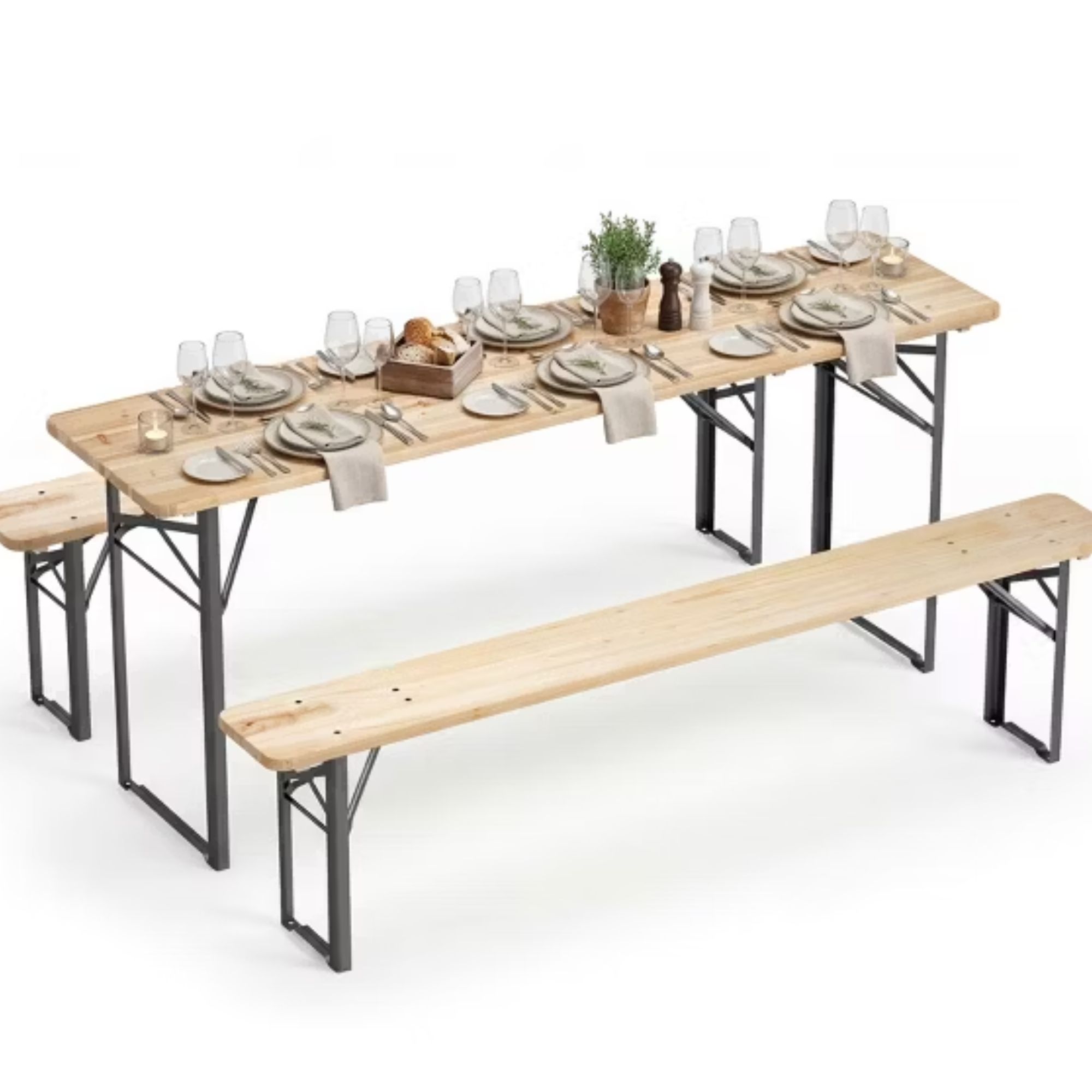 Costway 70" 3-Piece Folding Picnic Table with Benches for 6,Fir Wood&amp;Metal Frame for Patio