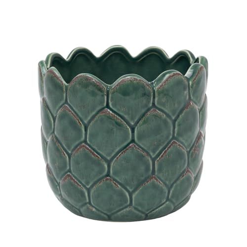 Carousel Home Green Ceramic Artichoke Plant Pot | Madagascar Teal Glazed Round Planter With Textured Finish - 12x14cm