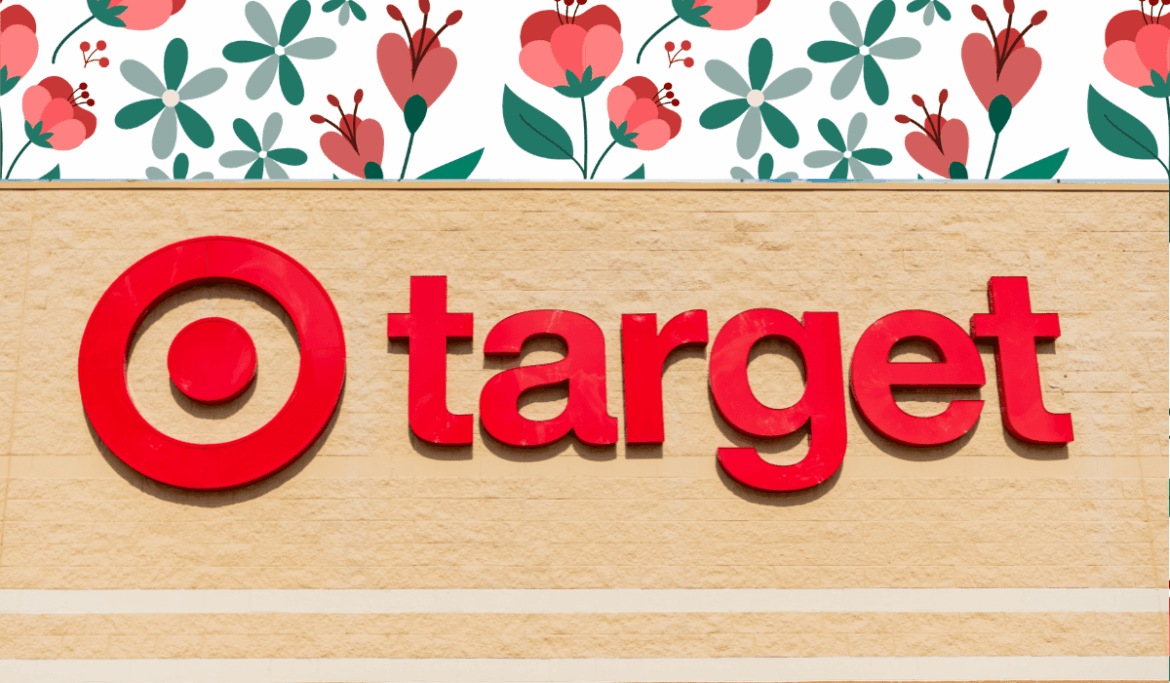 Sign on a Target store with a red floral background
