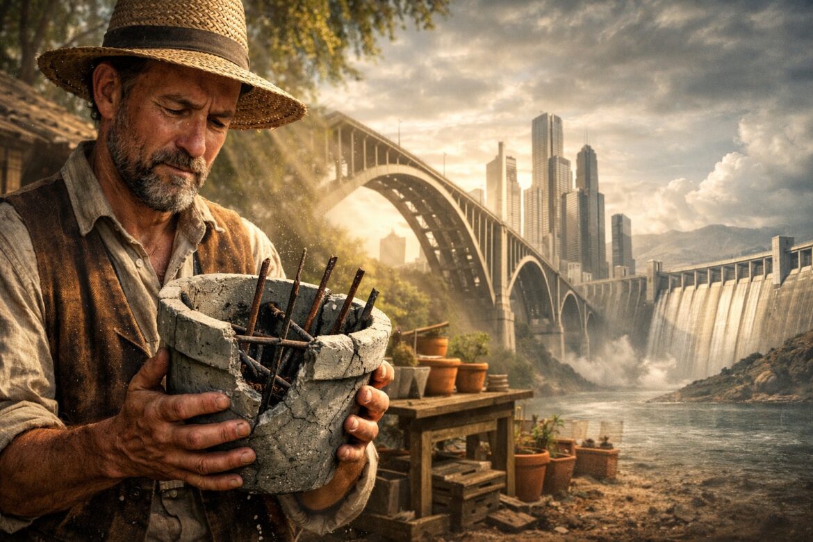Reinforced concrete was born when a French gardener reinforced flowerpots with iron bars in 1867, creating the structural principle that today supports bridges, buildings, and dams worldwide.
